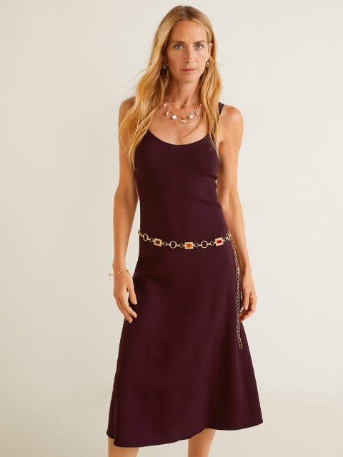 

MANGO Women Burgundy Striped A-Line Dress