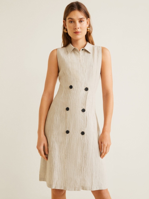 

MANGO Women Beige Striped Wrap Dress