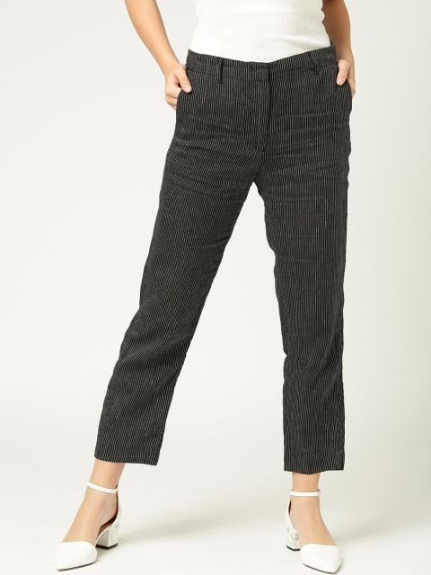 

MANGO Women Black & White Linen Striped Regular Trousers