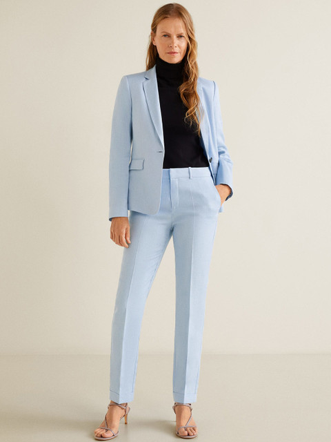 

MANGO Women Blue Solid Linen Single-Breasted Smart Casual Blazer