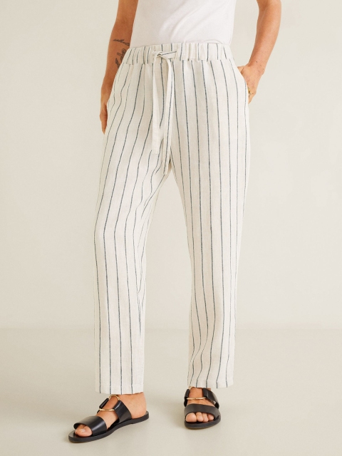 

MANGO Women Beige & Black Linen Striped Regular Trousers