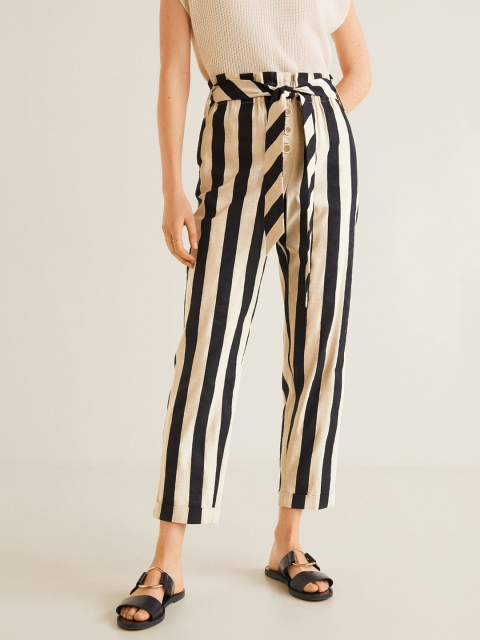 

MANGO Women Beige & Black Regular Fit Striped Trousers