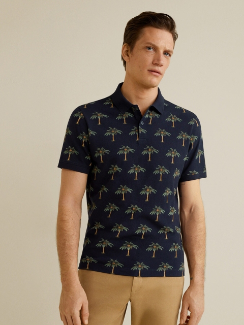 

MANGO MAN Navy Blue Printed Polo Collar T-shirt