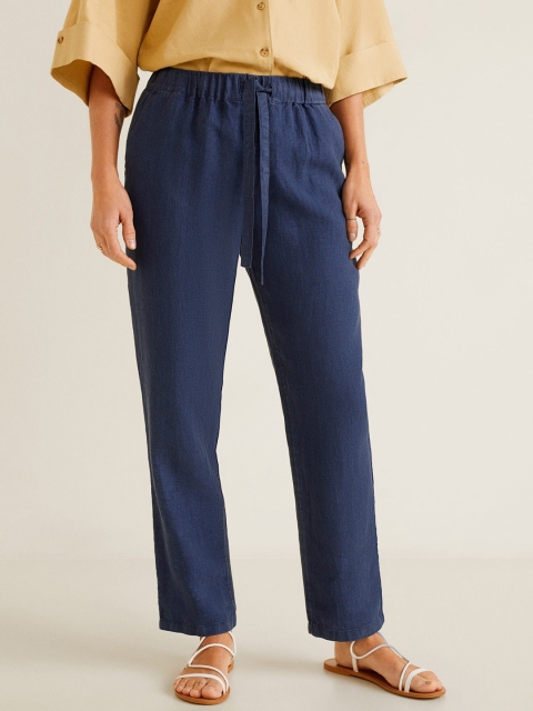 

MANGO Women Navy Blue Linen Solid Regular Trousers