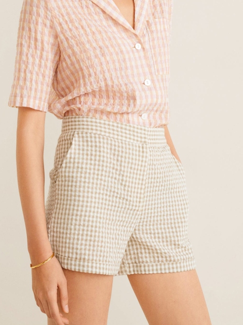 

MANGO Women Beige Checked Regular Shorts