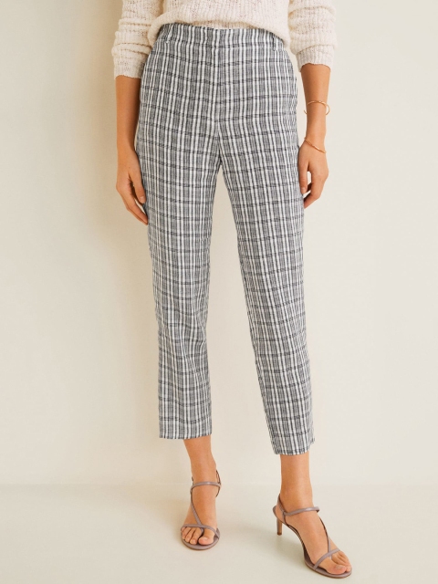 

MANGO Women Black & White Regular Fit Checked Linen Cropped Regular Trousers