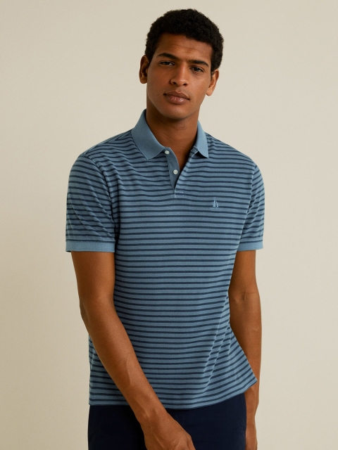 

MANGO MAN Blue Striped Polo Collar T-shirt