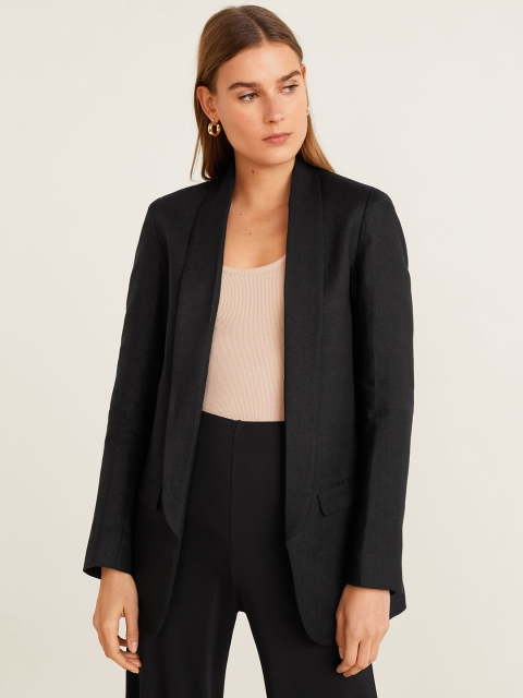 

MANGO Women Black Solid Linen Open-Front Casual Blazer