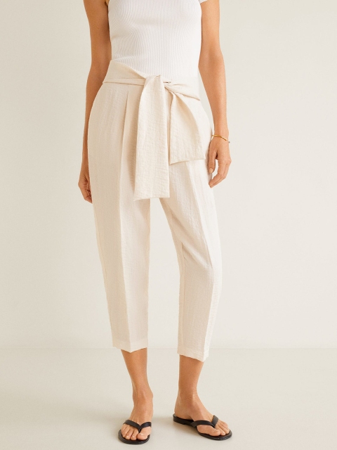 

MANGO Women Off-White Regular Fit Solid Trousers