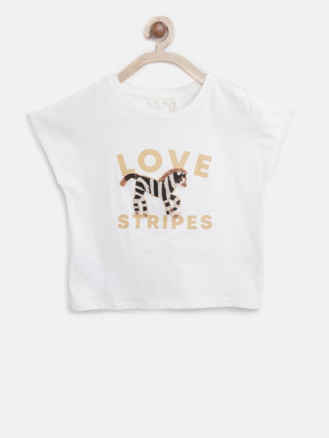 

Mango Kids Girls White & Brown Printed Round Neck T-shirt