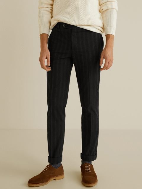 

MANGO MAN Charcoal Grey Regular Fit Striped Trousers