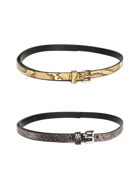 

MANGO Women Set of 2 Snakeskin Pattern Slim Belts, Brown