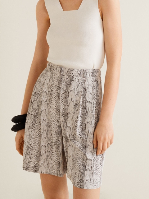 

MANGO Women Grey & White Snakeskin Print Regular Fit Shorts