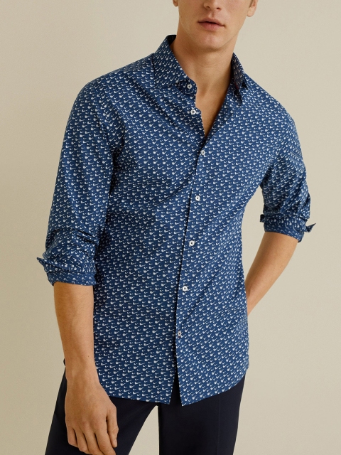 

MANGO MAN Navy Blue & White Slim Fit Printed Casual Shirt