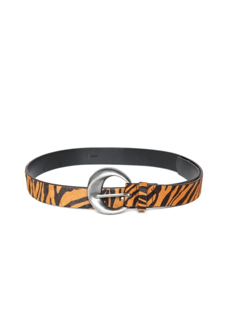 

MANGO Women Mustard Yellow & Coffee Brown Leather Tiger Print Belt