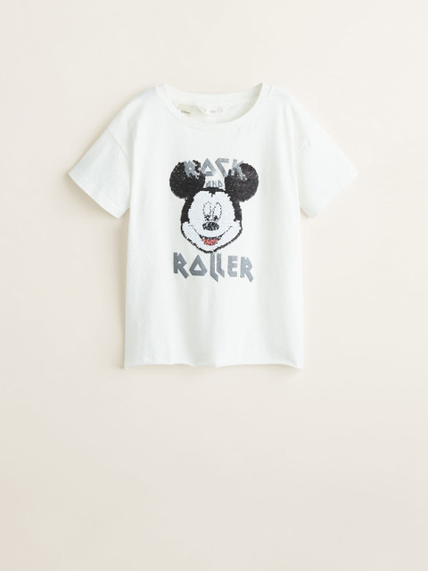 

Mango Kids Girls White Printed Round Neck T-shirt with Mermaid Sequinned Detail
