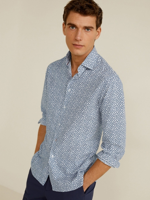 

MANGO MAN Men White & Blue Slim Fit Printed Casual Shirt
