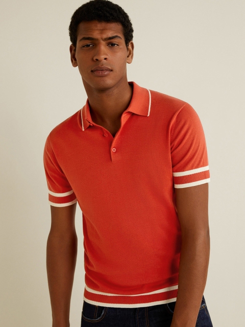 

MANGO MAN Rust Brown Solid Polo Collar T-shirt