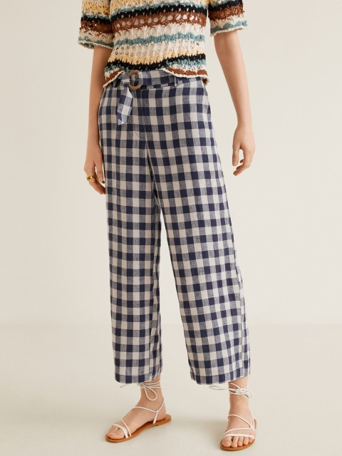 

MANGO Women Beige & Navy Blue Regular Fit Checked Linen Parallel Trousers