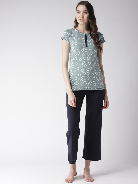 

MADAME M SECRET Women Teal Green & Navy Blue Printed Night Suit S9S30051 136