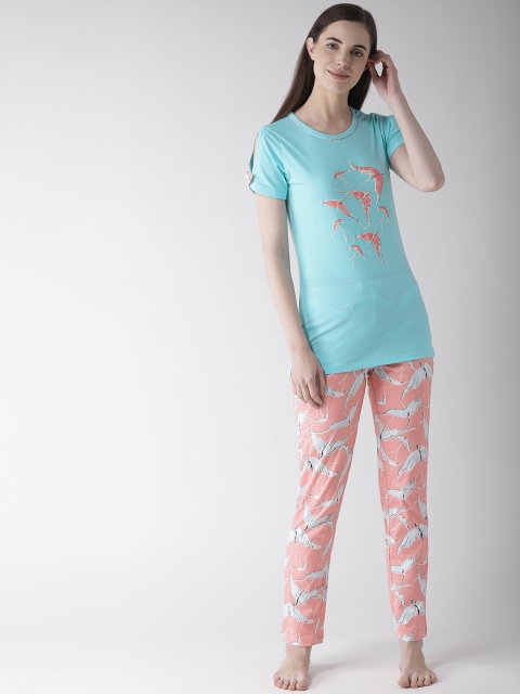 

MADAME M SECRET Women Blue & Peach-Coloured Printed Night Suit S9S30071 043