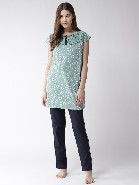 

MADAME M SECRET Women Green & Navy Blue Printed Night Suit S9S30103, Grey