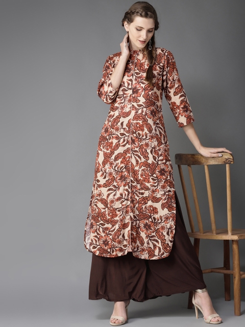 

Moda Rapido Women Beige & Rust Brown Floral Print Straight Kurta