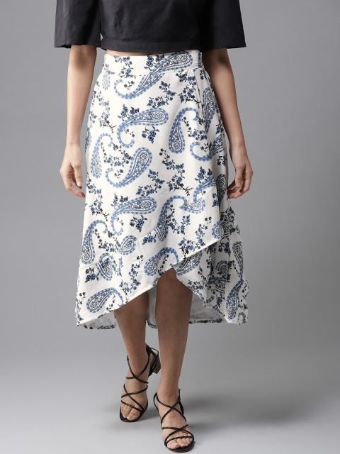 

Moda Rapido Women Off-White & Blue Printed Wrap High-Low Flared Skirt