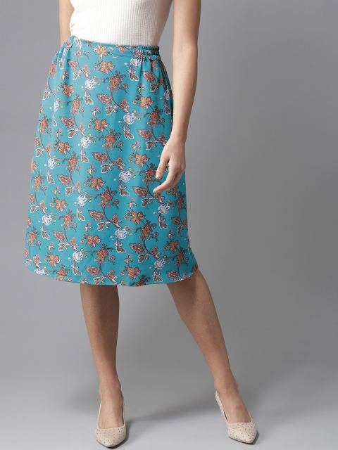

Moda Rapido Blue & Mustard Yellow Printed Flared Skirt