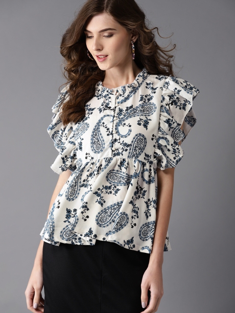 

Moda Rapido Women Off-White & Blue Printed A-Line Top