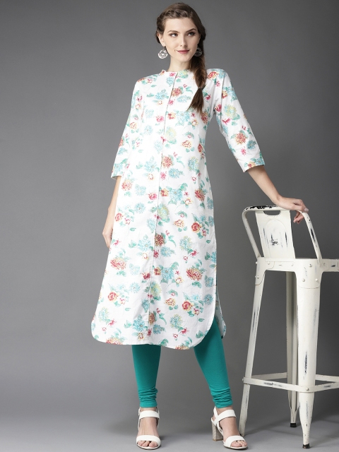 

Moda Rapido Women White & Blue Floral Print Straight Kurta