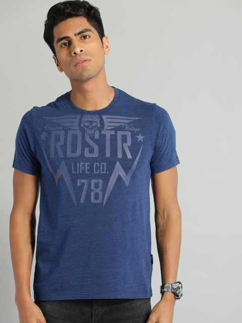 

Roadster Men Navy Printed Round Neck T-shirt, Navy blue