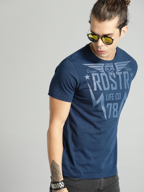 

Roadster Men Navy Printed Round Neck T-shirt, Navy blue