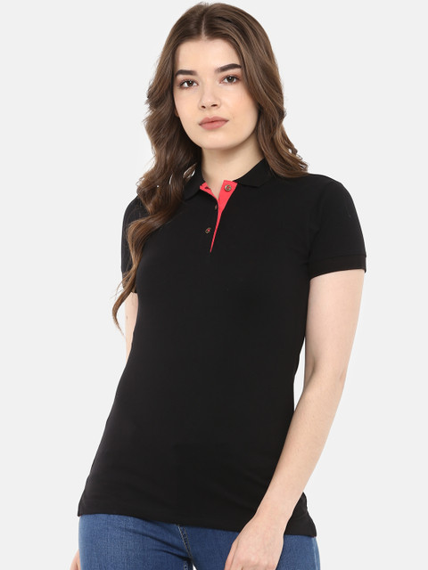 

Cayman Women Black Solid Polo Collar T-shirt