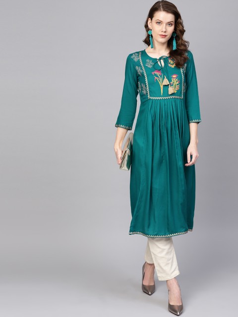 

Rain & Rainbow Women Teal Green & Beige Embroidered A-Line Kurta