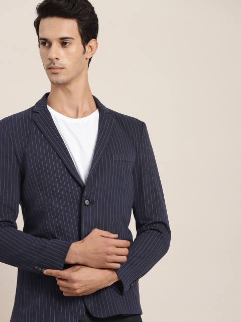 

INVICTUS Men Navy Blue & Grey Striped Slim Fit Single Breasted Smart Casual Blazer
