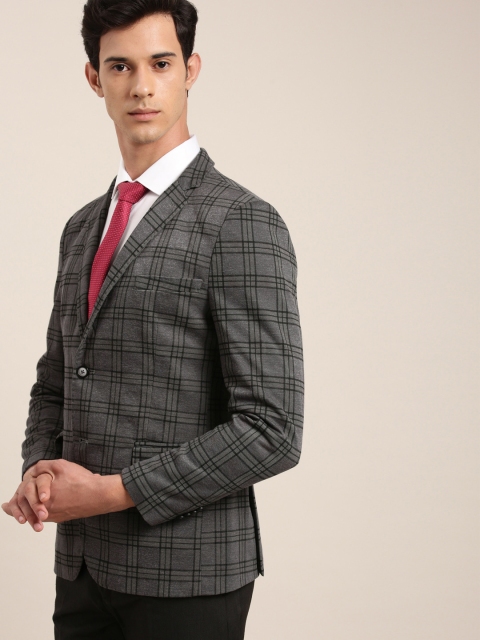 

INVICTUS Men Charcoal Grey & Black Checked Slim Fit Single-Breasted Smart Casual Blazer