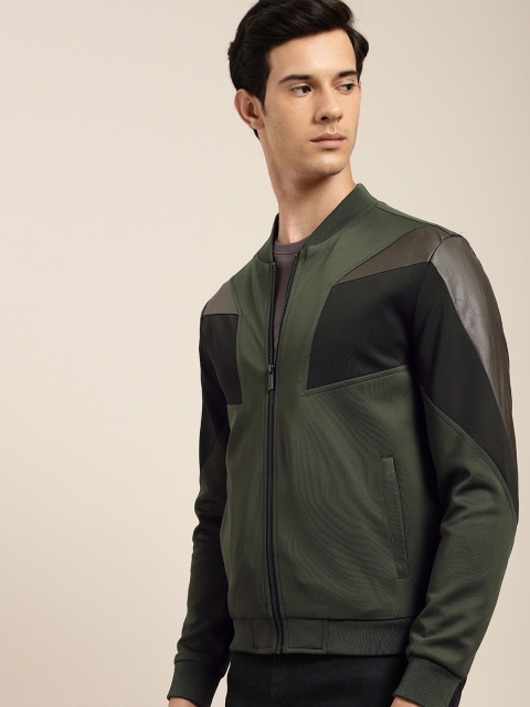 

INVICTUS Men Olive Green & Black Colourblocked Bomber Jacket