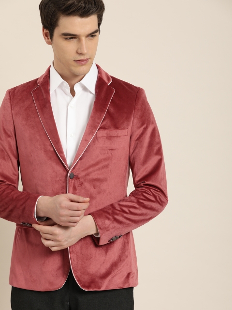 

INVICTUS Men Peach Velvet Slim Fit Single-Breasted Blazer