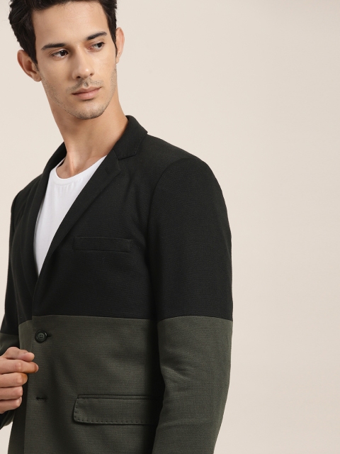

INVICTUS Men Black & Olive Colourblocked Slim Fit Single Breasted Smart Casual Blazer