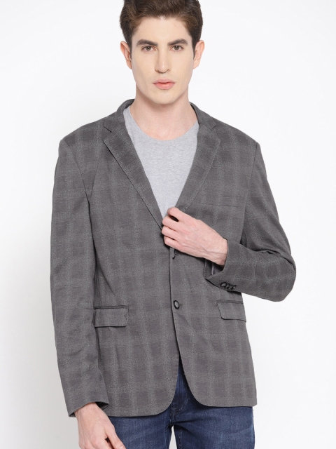

INVICTUS Men Grey Checked Slim Fit Single-Breasted Casual Blazer