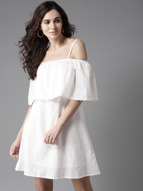 

Moda Rapido Women White Solid Off-Shoulder A-Line Dress