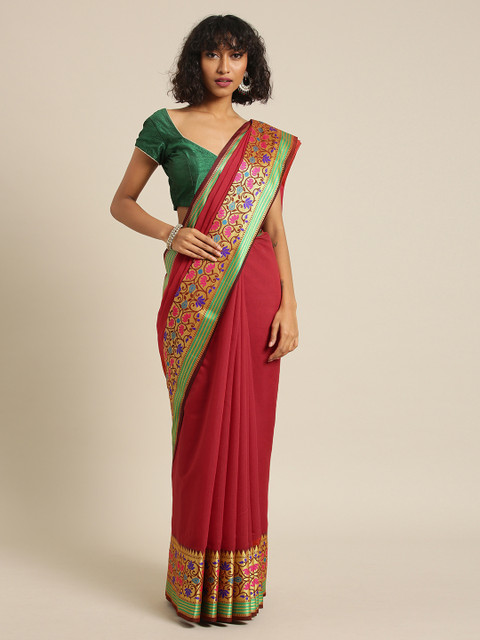 

PACHE Red Silk Blend Solid Banarasi Saree