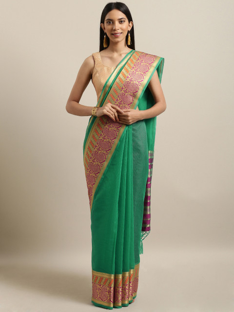 

PACHE Women Green Solid Silk Cotton Saree