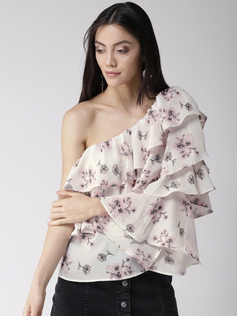 

MIWAY Women Cream-Coloured & Pink Printed A-Line One Shoulder Top