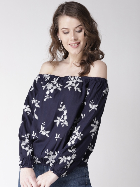 

MIWAY Women Navy Blue & White Embroidered Bardot Top