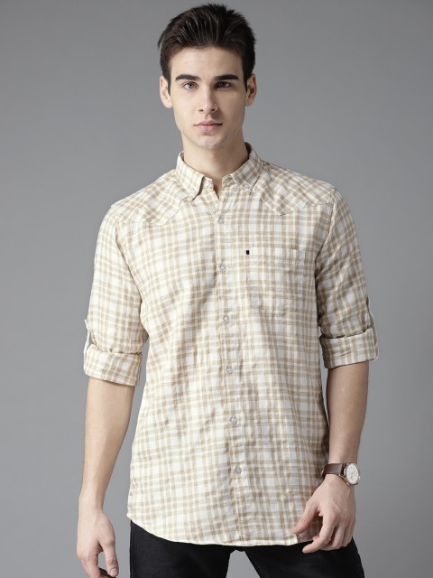 

DENNISON Men Beige & White Slim Fit Checked Casual Shirt