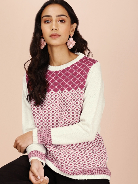 

all about you Women Off-White Pink Ecru Pink Geo Pattern Sweater Pullover Sweater