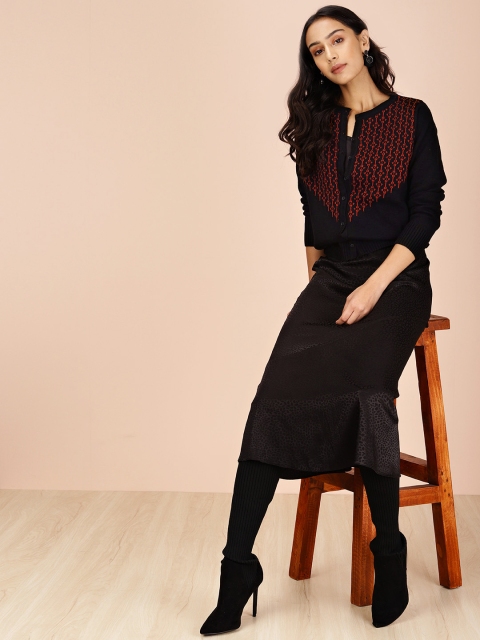 

all about you Women Black Rust Self Design Cardigan