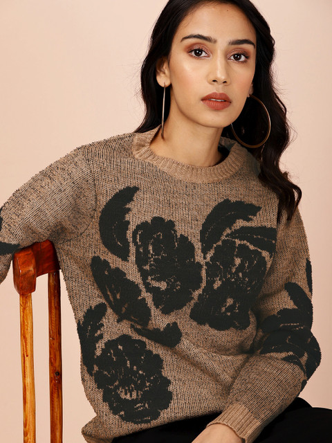 

all about you Women Brown Black Self Design Sweater
